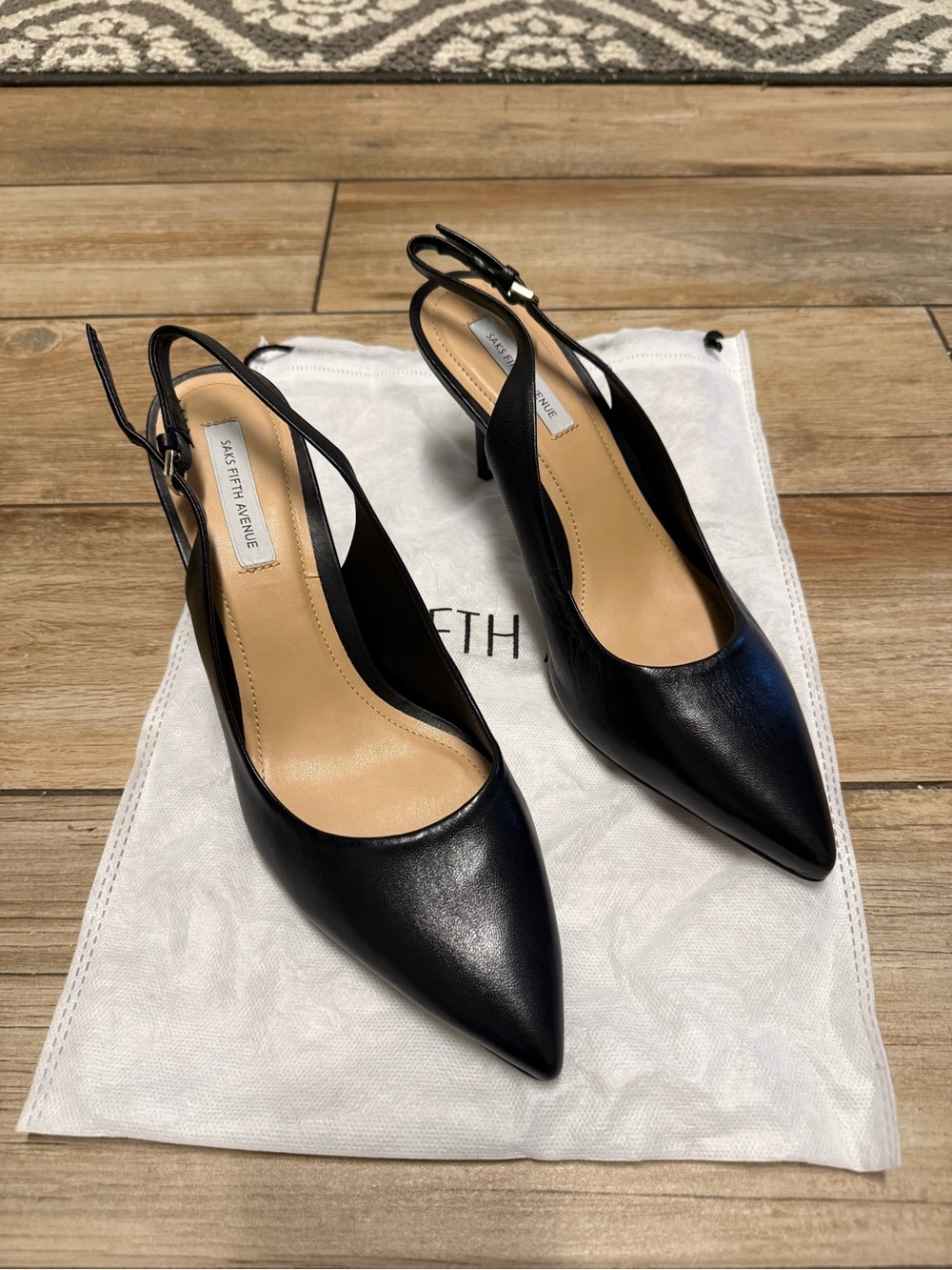 Saks Fifth Avenue Black Leather Pointed Slingback Pumps with Kitten Heel